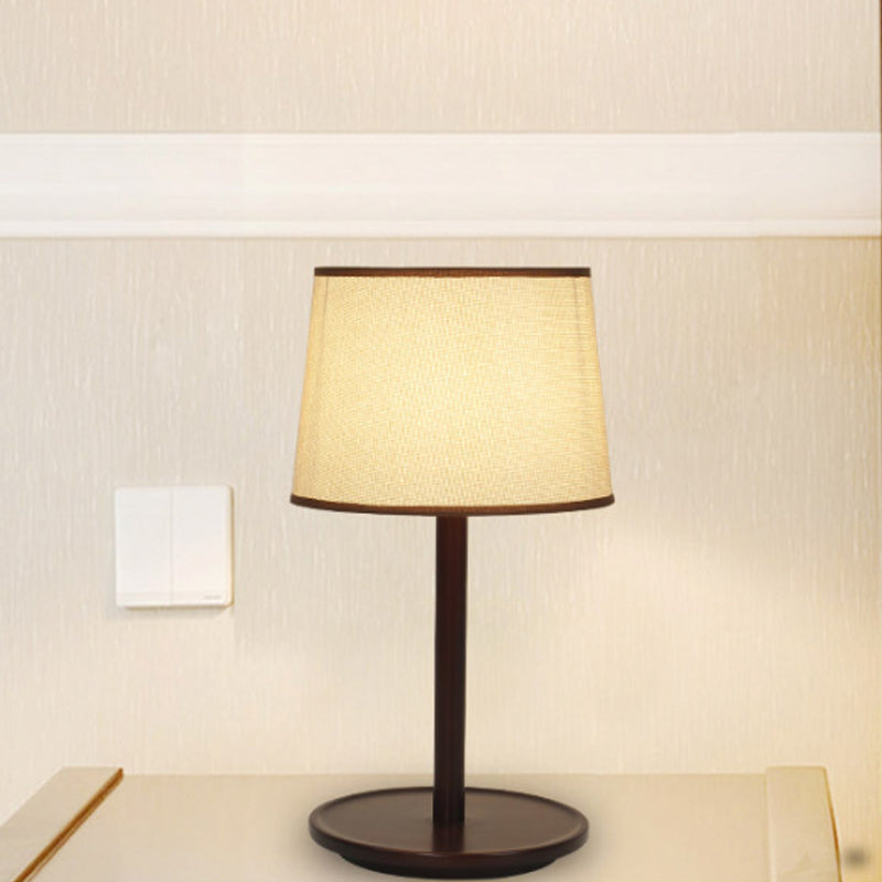 Tapered Shade Table Lamp Nordic Style Fabric 1-Light Beige/Dark Brown Nightstand Light with Wood Base