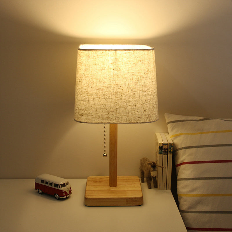 1-Light Bedroom Pull Chain Table Light Nordic Wood Nightstand Lamp with Square Fabric Shade