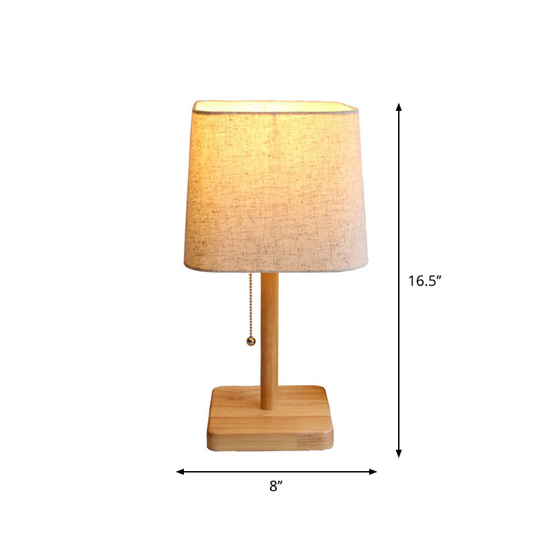 1-Light Bedroom Pull Chain Table Light Nordic Wood Nightstand Lamp with Square Fabric Shade