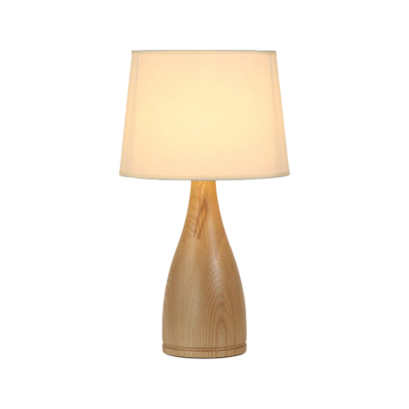 Tapered Drum Night Light Minimal Fabric Single Bedside Table Lighting with Vase Pedestal in Wood