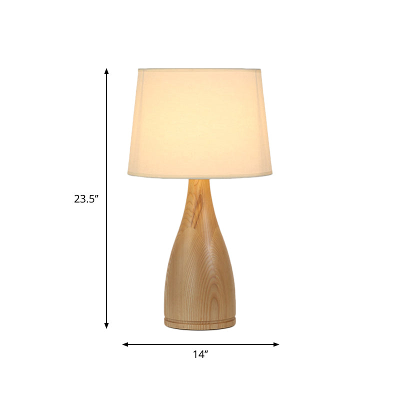 Tapered Drum Night Light Minimal Fabric Single Bedside Table Lighting with Vase Pedestal in Wood