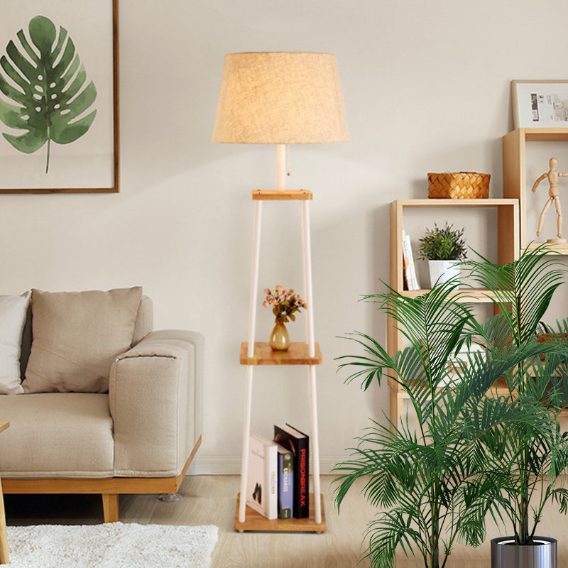 Cono de tela/tambor/luz de piso cónica moderna 1 bulbo negro/blanco/madera lámpara de pie con mesa/rejilla de almacenamiento para sala de estar