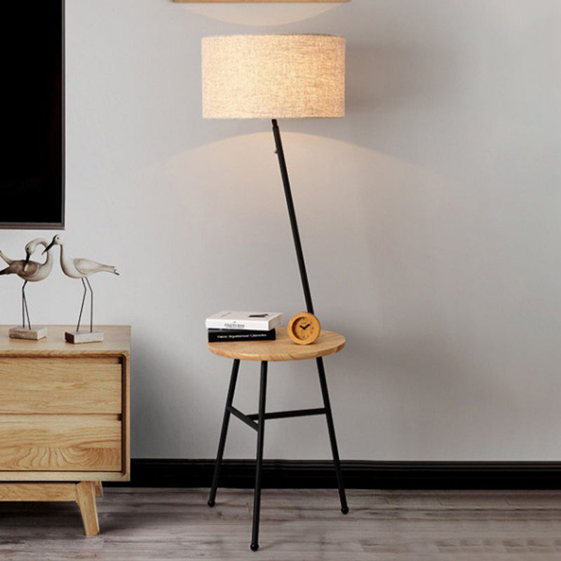 Cône de tissu / tambour / feu de sol conique moderne 1 ampoule noire / blanc / bois stand up lampe avec table / porte-rangement pour salon