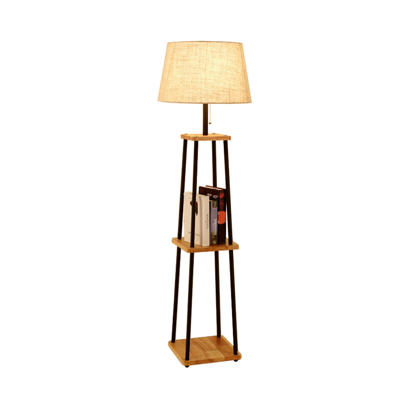 Cône de tissu / tambour / feu de sol conique moderne 1 ampoule noire / blanc / bois stand up lampe avec table / porte-rangement pour salon