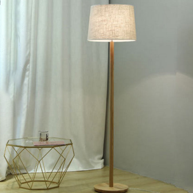 Drum Shade Bedside Floor Light Fabric Single-Bulb Minimalistic Standing Lamp in Wood