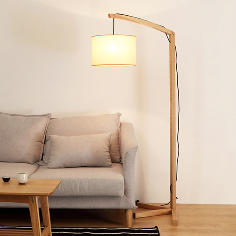 Cylinder Fabric Reading Floor Lamp Modern 1 Bulb Wood Floor Light with Bow Pole and Three-Foot Stand