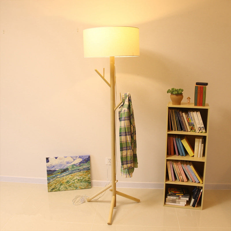 Three-Legged Drum Floor Lighting Minimalist Fabric 1 Head Bedroom Floor Lamp with Wood Coat Rack