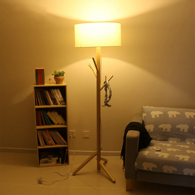 Three-Legged Drum Floor Lighting Minimalist Fabric 1 Head Bedroom Floor Lamp with Wood Coat Rack