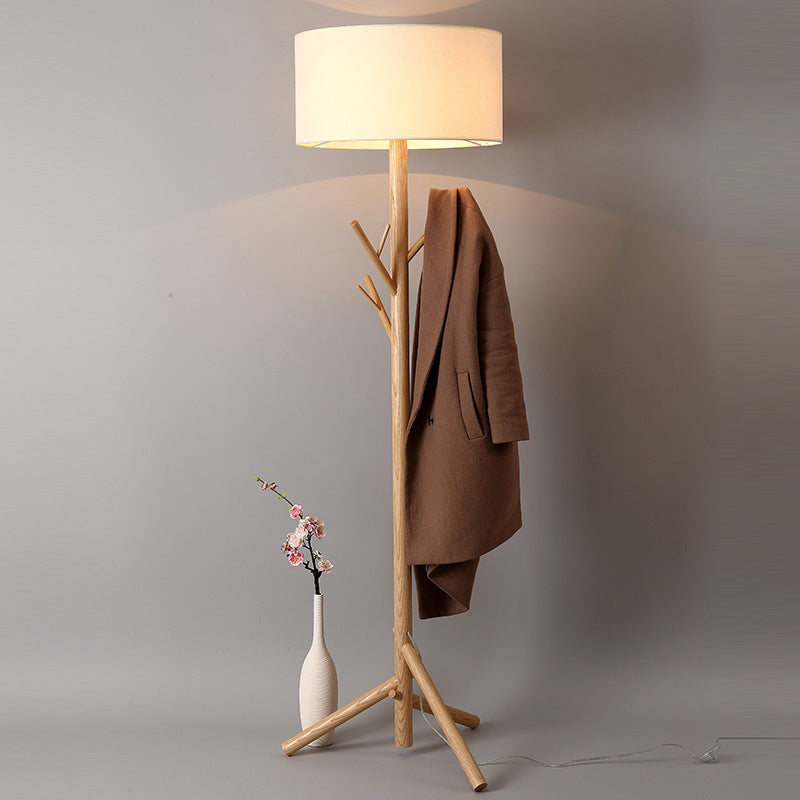 Three-Legged Drum Floor Lighting Minimalist Fabric 1 Head Bedroom Floor Lamp with Wood Coat Rack