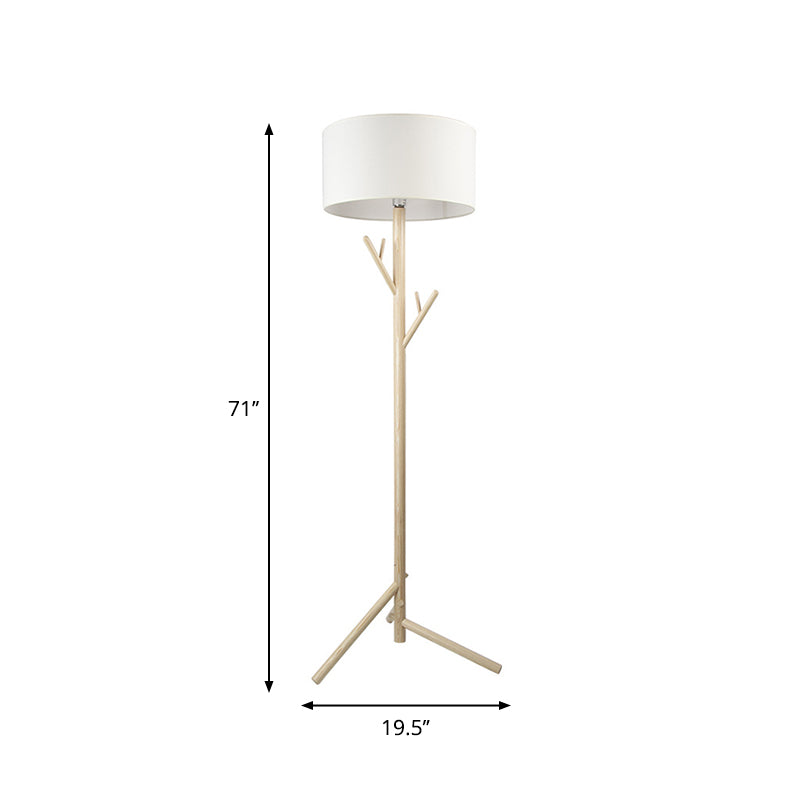 Three-Legged Drum Floor Lighting Minimalist Fabric 1 Head Bedroom Floor Lamp with Wood Coat Rack