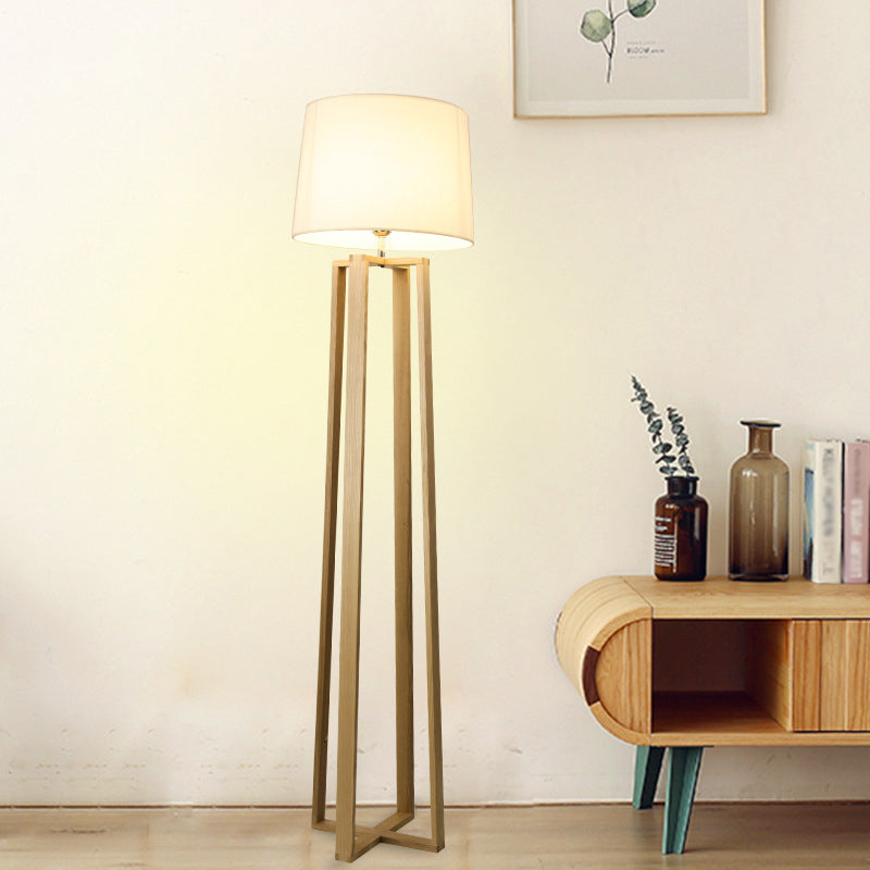 Wood Trapezoid Floor Light Contemporary 1-Light White Floor Standing Lamp with Barrel Fabric Shade