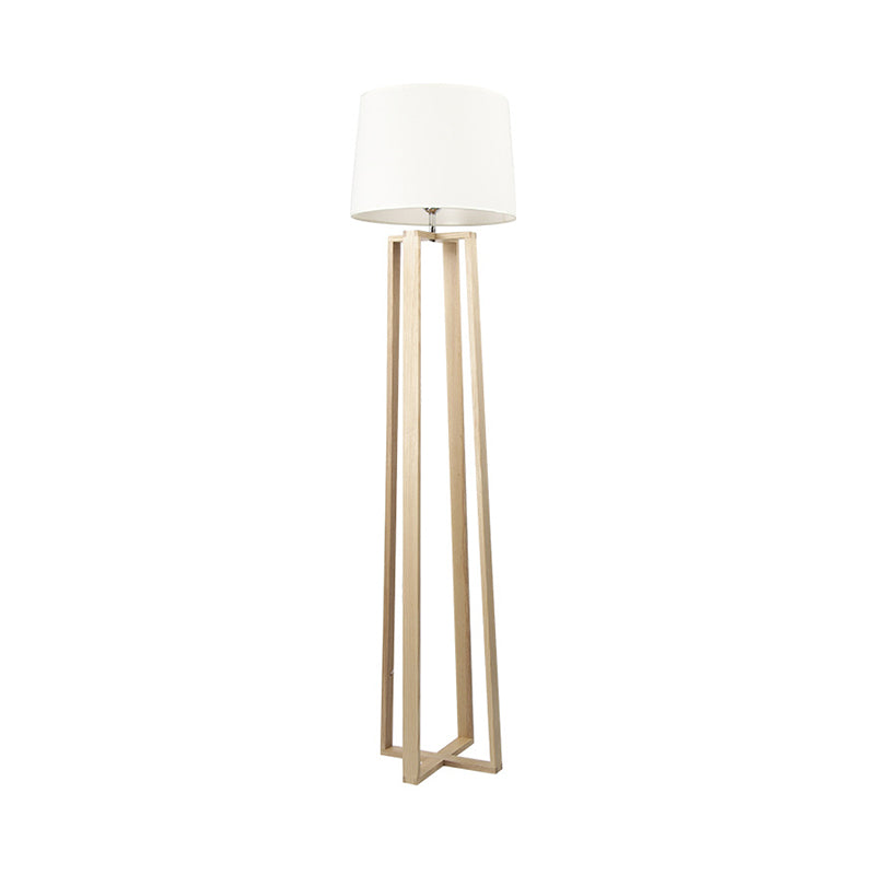 Wood Trapezoid Floor Light Contemporary 1-Light White Floor Standing Lamp with Barrel Fabric Shade