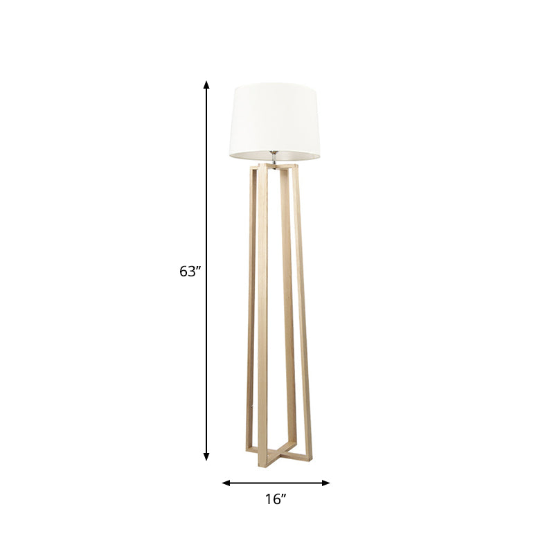 Wood Trapezoid Floor Light Contemporary 1-Light White Floor Standing Lamp with Barrel Fabric Shade