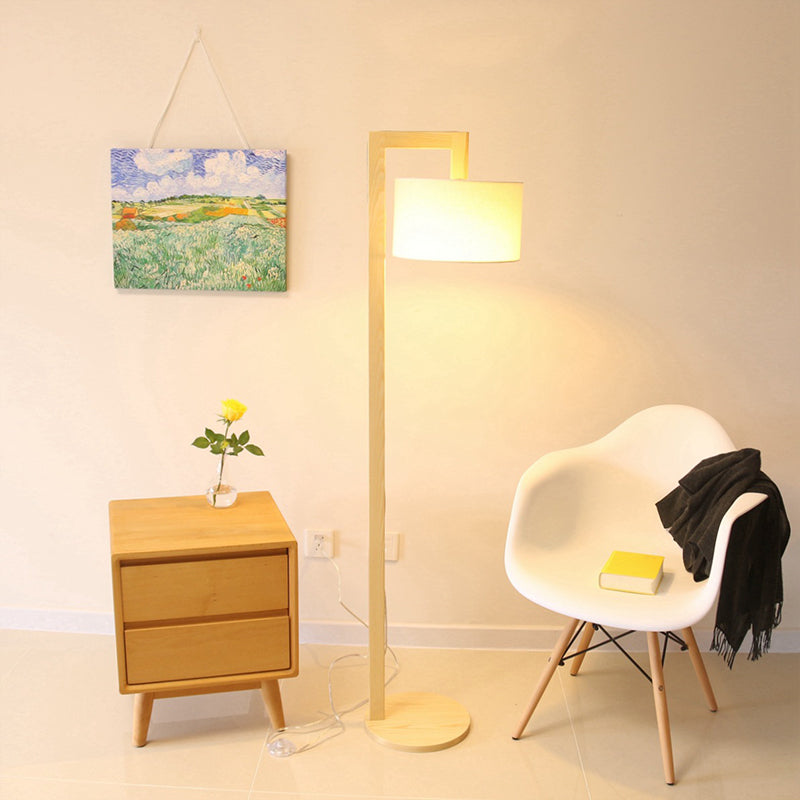 Cylindrical Fabric Floor Lamp Minimalist 1 Bulb Wood Stand Up Lamp with Right Angled Pole