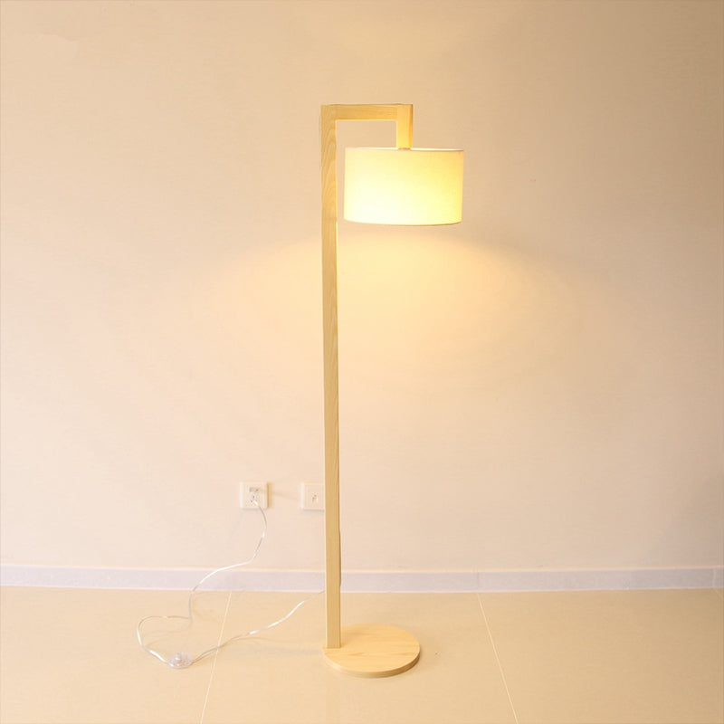 Cylindrical Fabric Floor Lamp Minimalist 1 Bulb Wood Stand Up Lamp with Right Angled Pole