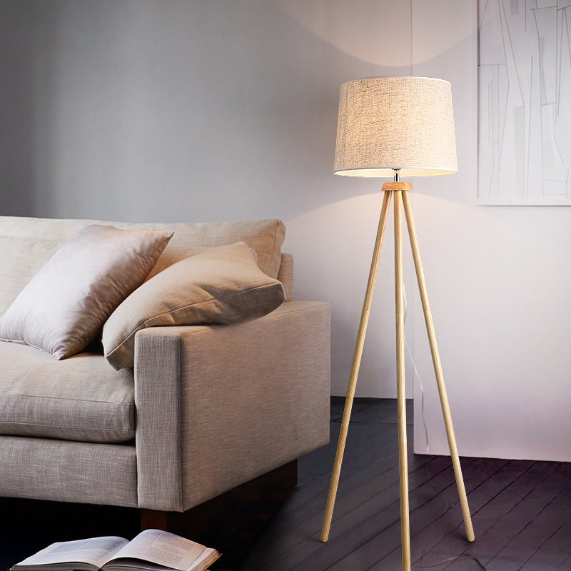 Minimalistic 1 Light Tripod Floor Light White Drum Standing Floor Lamp with Fabric Shade