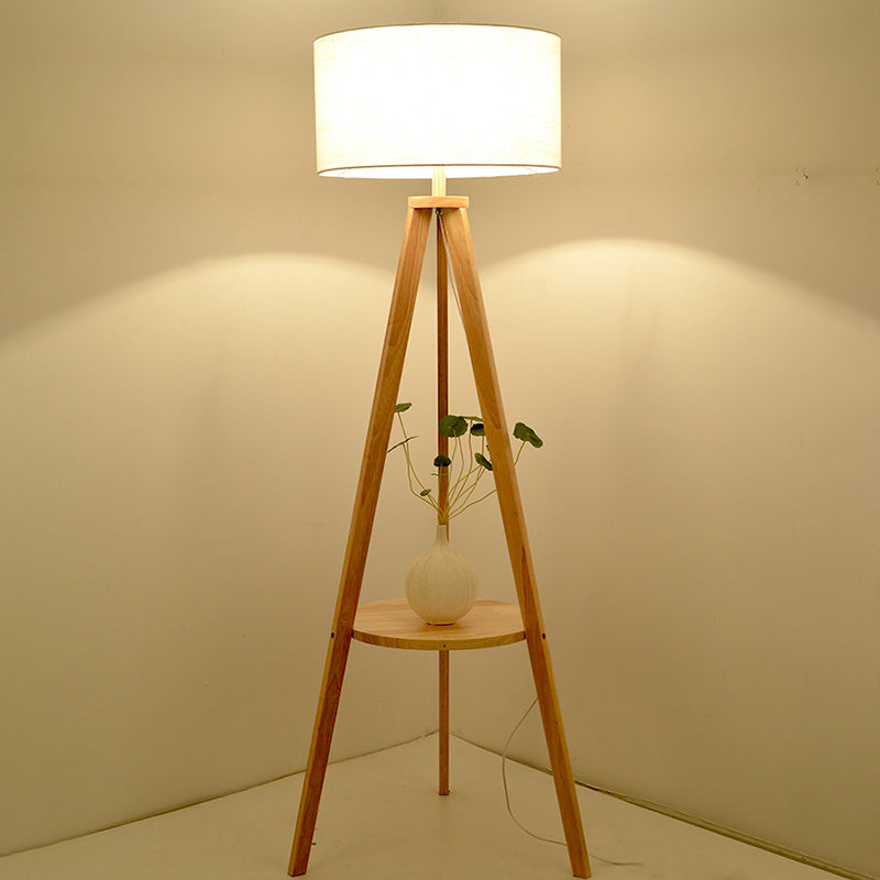 Tri-poten zitkamer vloerverlichting hout 1 kop moderne vloerlamp met trommelstofschaduw in beige/bruin