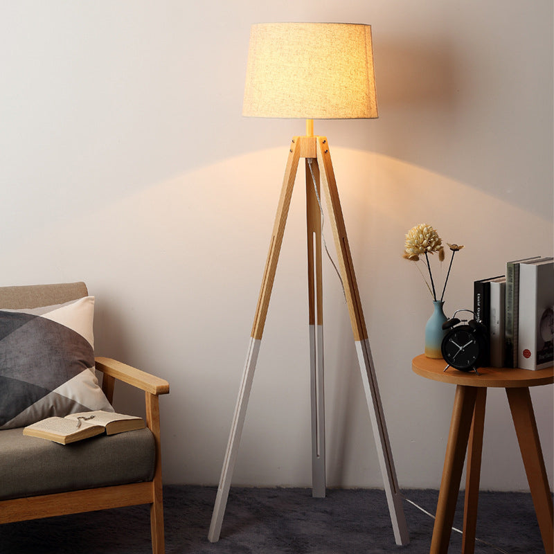 3-Legged Drum Shade Floor Light Modern Fabric 1 Bulb Black/White and Wood Floor Standing Lamp for Living Room