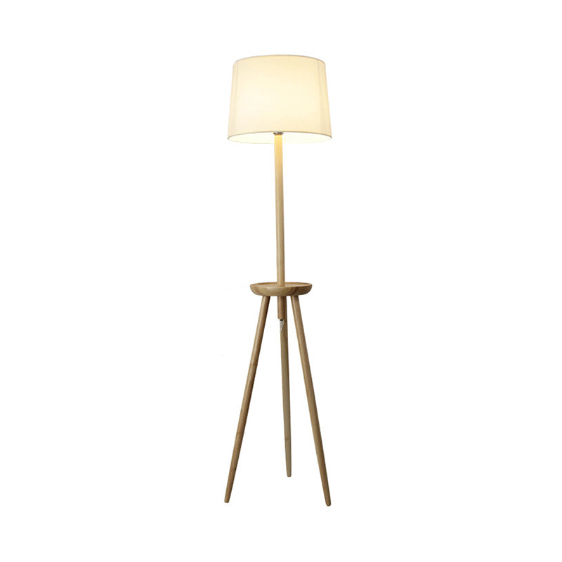 Tri-Legged Reading Floor Light Minimalist Wood 1-Light Beige Standing Floor Lamp with Drum Fabric Shade and Table