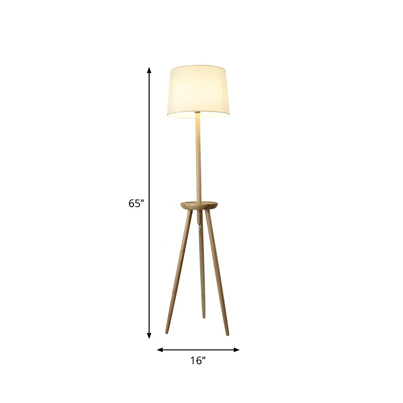 Tri-Legged Reading Floor Light Minimalist Wood 1-Light Beige Standing Floor Lamp with Drum Fabric Shade and Table