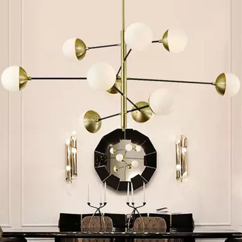 Post-moderne 5 niveaux Chandelier Ivory Ball Glass 10-Light Dining Salle Suspension Pendant Light in Gold