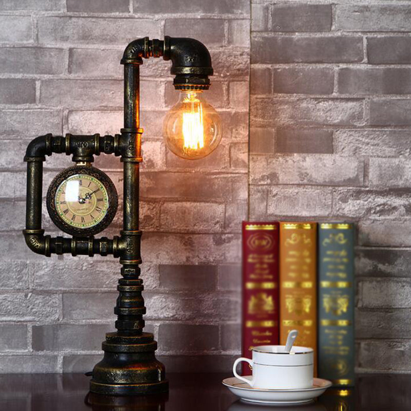 Retro Plumbing Pipe Night Light 1 Head Iron Table Lighting with Clock in Bronze for Bedroom