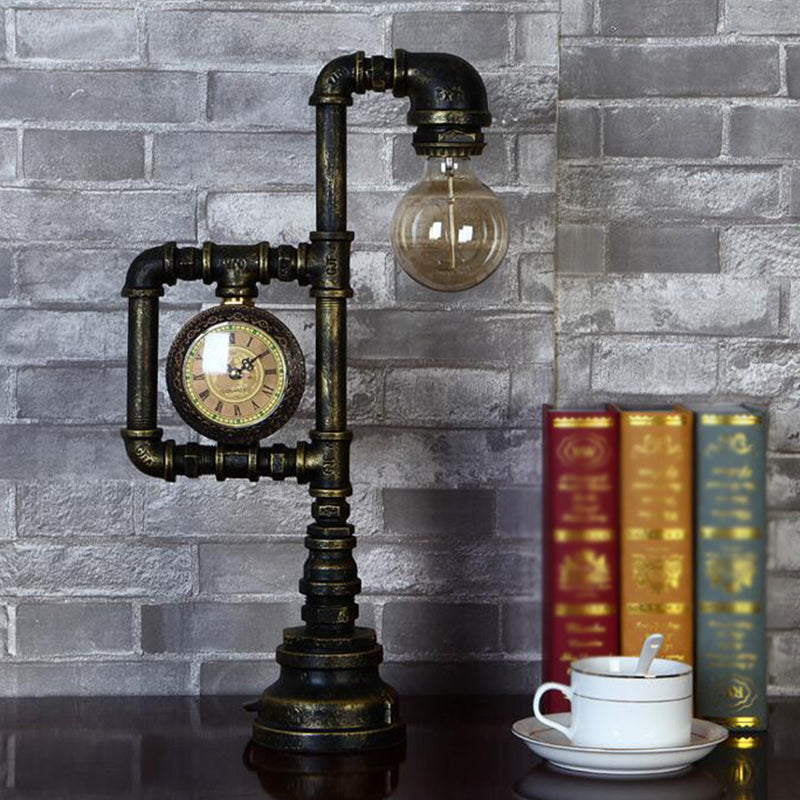 Retro Plumbing Pipe Night Light 1 Head Iron Table Lighting with Clock in Bronze for Bedroom