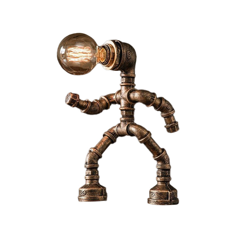 Industrial Pipe Man Night Lamp 1 Head Wrought Iron Table Light in Brass for Boys Room