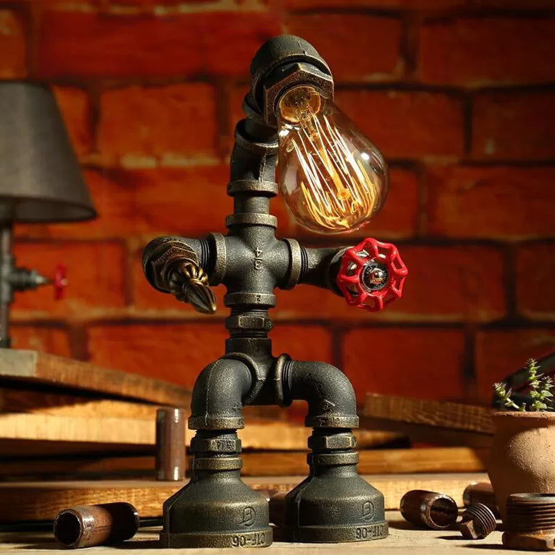 Iron Pipe Robot Night Table Light Cyberpunk Single-Bulb Boys Room Nightstand Lamp in Brass/Copper