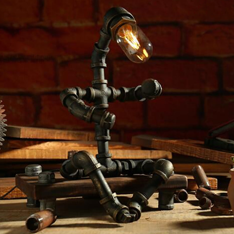 Iron Pipe Robot Night Table Light Cyberpunk Single-Bulb Boys Room Nightstand Lamp in Brass/Copper