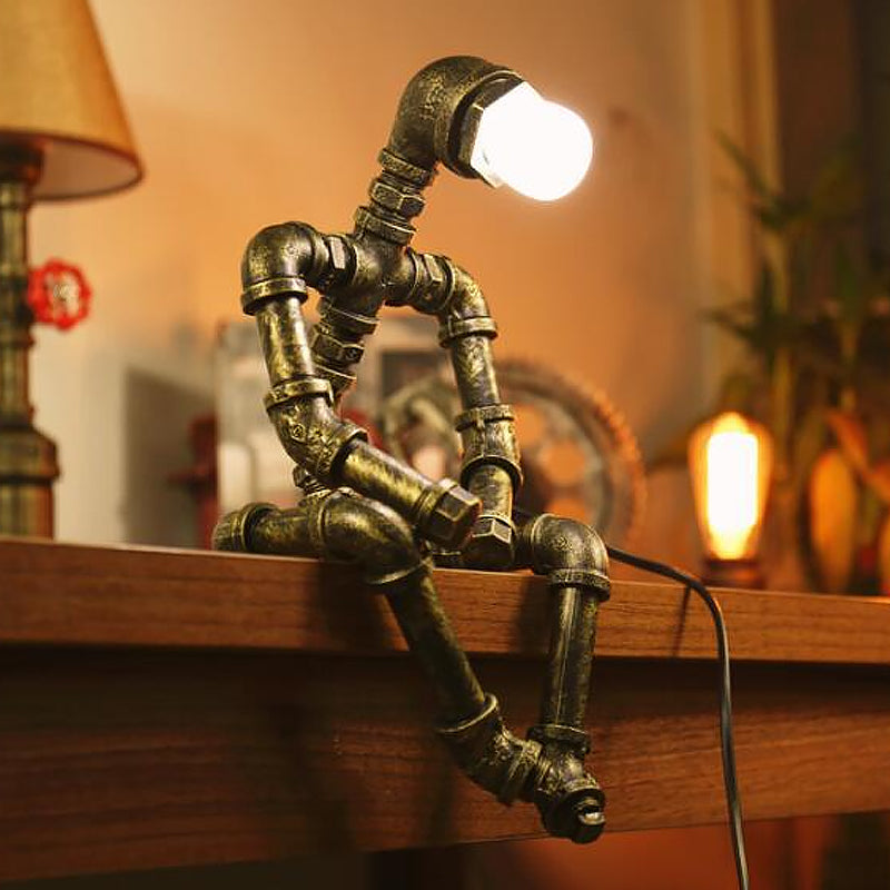 Iron Pipe Robot Night Table Light Cyberpunk Single-Bulb Boys Room Nightstand Lamp in Brass/Copper