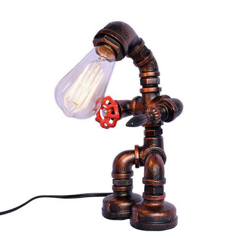 Iron Pipe Robot Night Table Light Cyberpunk Single-Bulb Boys Room Nightstand Lamp in Brass/Copper