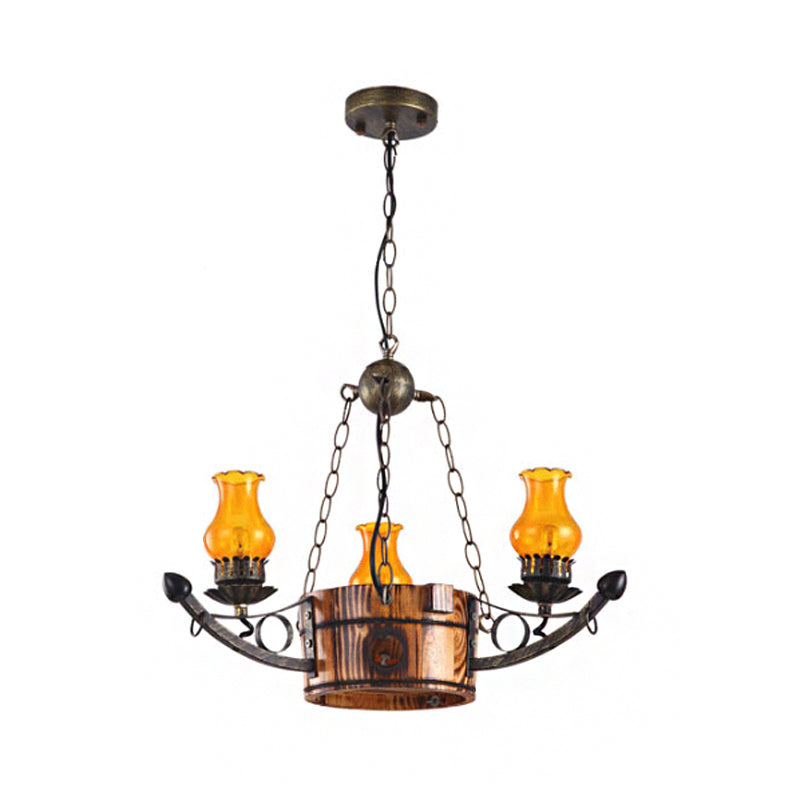 3/5 Lights Antique Hanging Chandelier Height Adjustable Amber Glass Oil Lamp in Rust