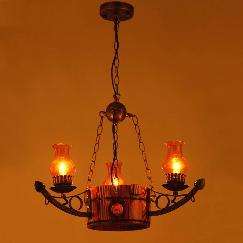 3/5 Lights Antique Hanging Chandelier Height Adjustable Amber Glass Oil Lamp in Rust