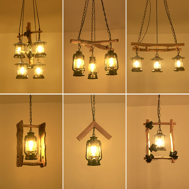 3/4 Lights Lantern Ceiling Light with Adjustable Metal Chain Industrial Clear Glass Hanging Chandelier in Black