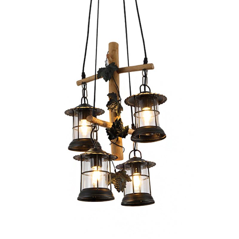 3/4 Lights Lantern Ceiling Light with Adjustable Metal Chain Industrial Clear Glass Hanging Chandelier in Black