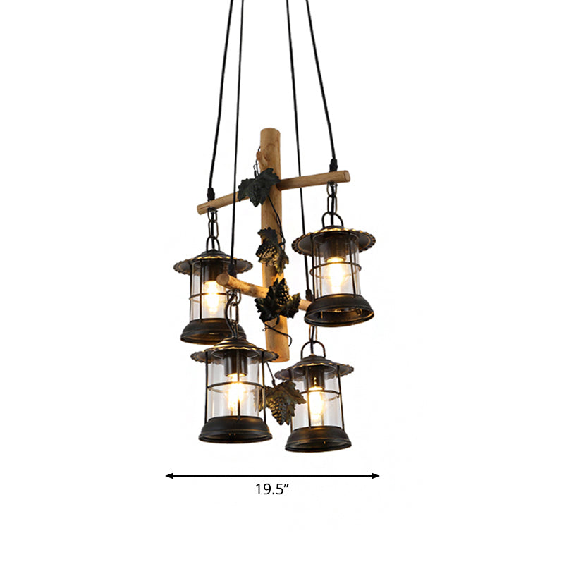 3/4 Lights Lantern Ceiling Light with Adjustable Metal Chain Industrial Clear Glass Hanging Chandelier in Black