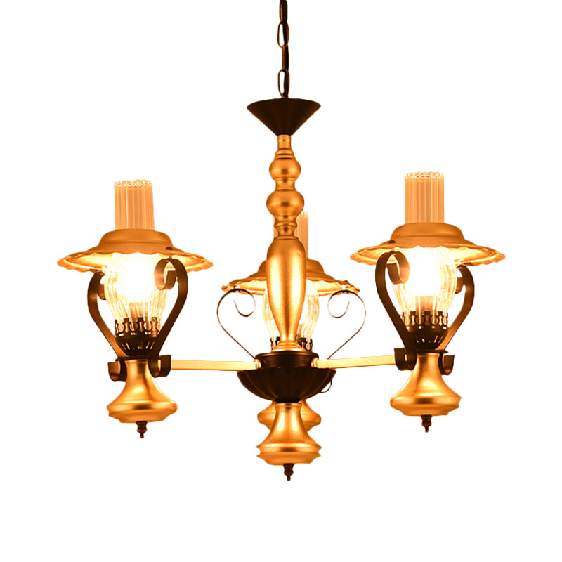 3/5 Lights Lantern Chandelier Lighting Height Adjustable Metal and Glass Vintage Pendant Lamp in Gold