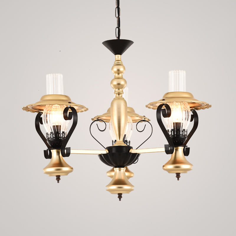 3/5 Lights Lantern Chandelier Lighting Height Adjustable Metal and Glass Vintage Pendant Lamp in Gold