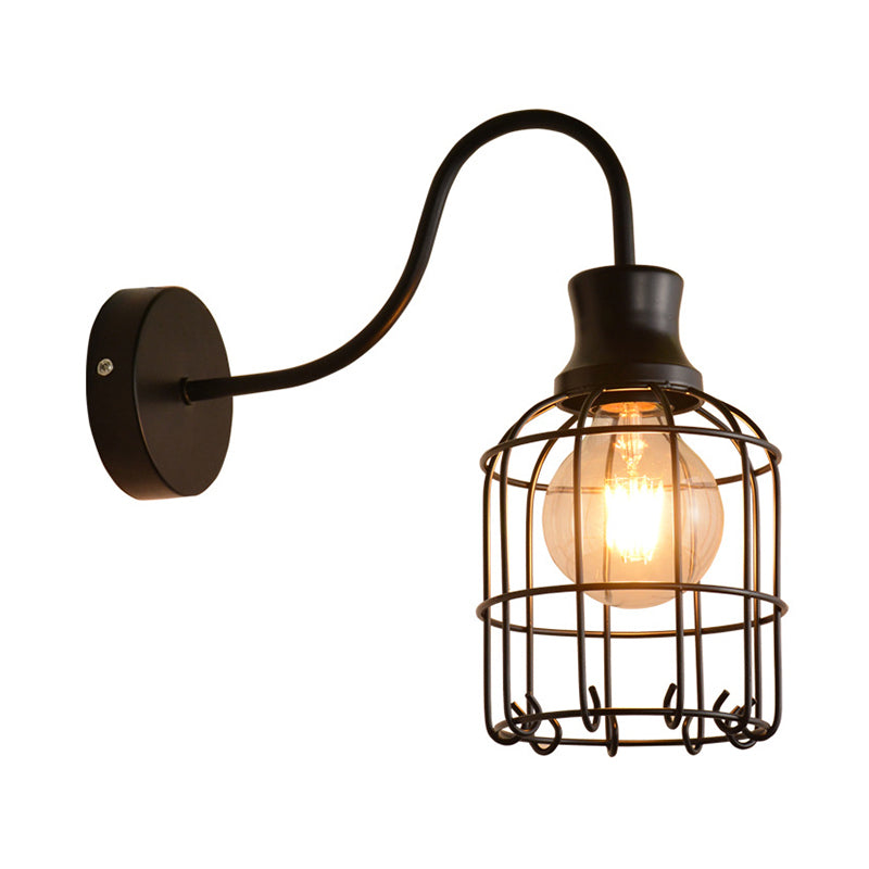 Metal Bird Cage Wall Mount Lighting with Gooseneck Arm Vintage 1 Head Wall Light Sconce in Black