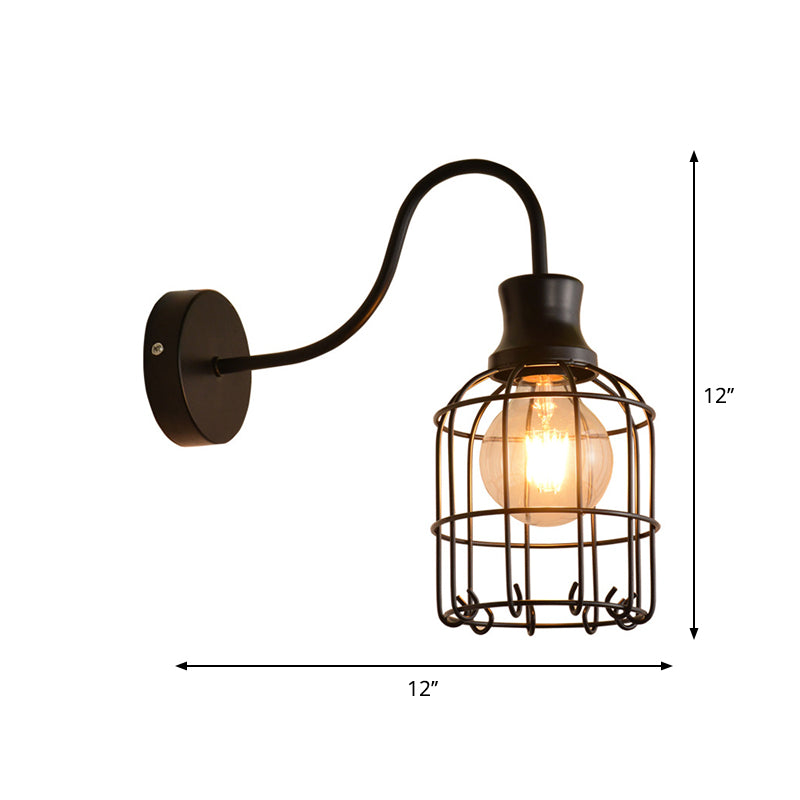 Metal Bird Cage Wall Mount Lighting with Gooseneck Arm Vintage 1 Head Wall Light Sconce in Black