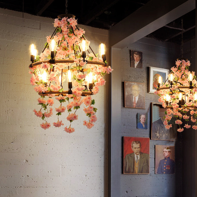 Round Restaurant Pendant Chandelier Industrial Metal 6/8/14 Heads Pink Hanging Ceiling Light with Flower Decoration