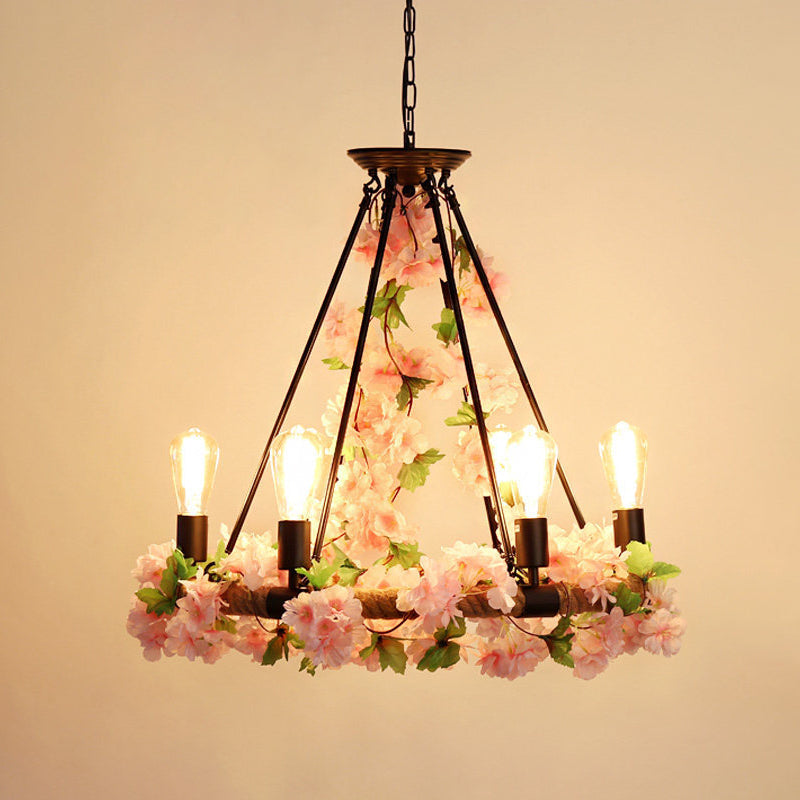 Round Restaurant Pendant Chandelier Industrial Metal 6/8/14 Heads Pink Hanging Ceiling Light with Flower Decoration