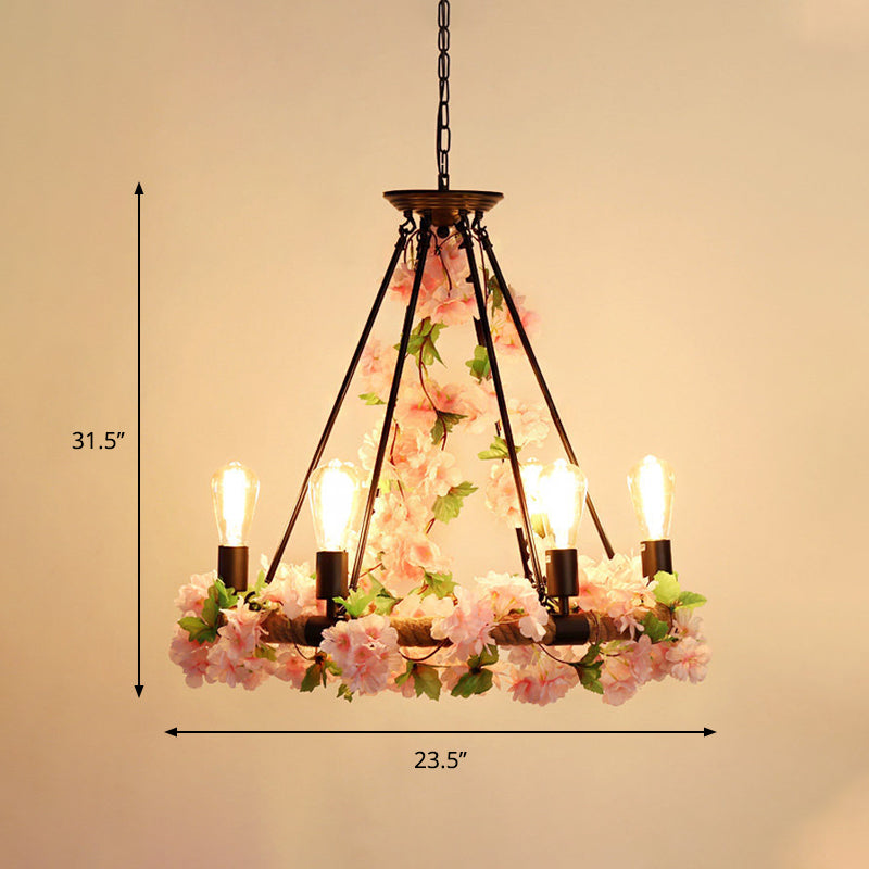 Round Restaurant Pendant Chandelier Industrial Metal 6/8/14 Heads Pink Hanging Ceiling Light with Flower Decoration