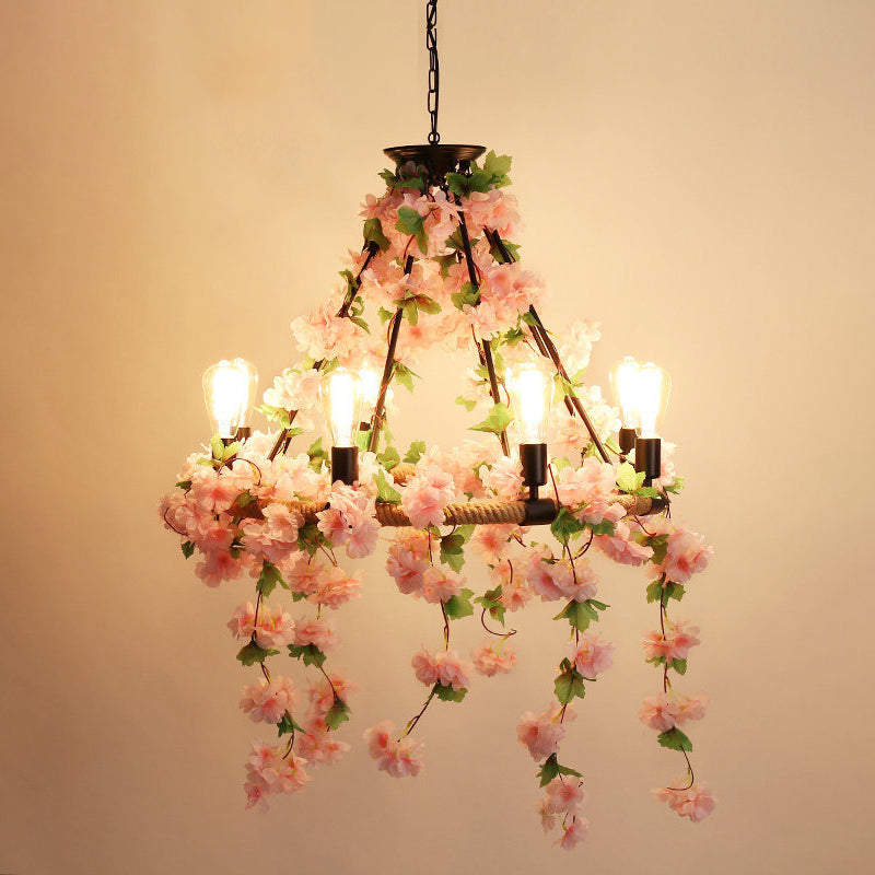 Round Restaurant Pendant Chandelier Industrial Metal 6/8/14 Heads Pink Hanging Ceiling Light with Flower Decoration