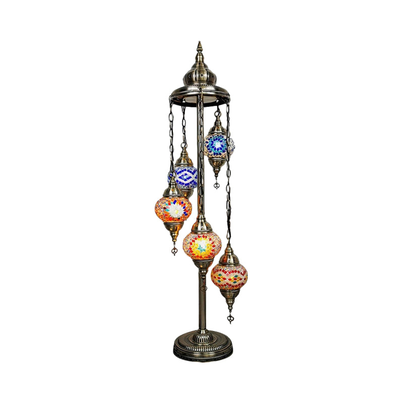 5 Heads Stained Art Glass Floor Light Traditional Beige/Red/Yellow Elliptical Bedroom Standing Lamp