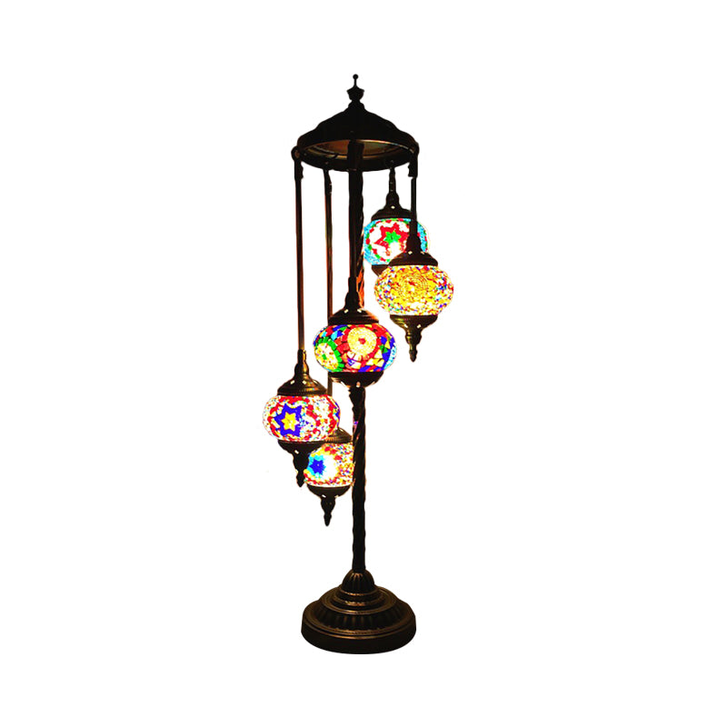 5 Heads Stained Art Glass Floor Light Traditional Beige/Red/Yellow Elliptical Bedroom Standing Lamp