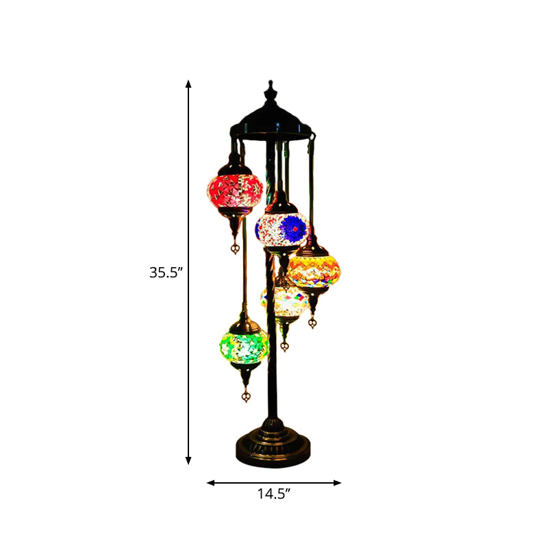 5 Heads Stained Art Glass Floor Light Traditional Beige/Red/Yellow Elliptical Bedroom Standing Lamp