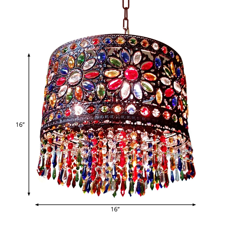 Drum Metallic Suspension Lampe Bohemian 3 Köpfe Wohnzimmer Kronleuchter Licht mit Kristall -Deco in rot