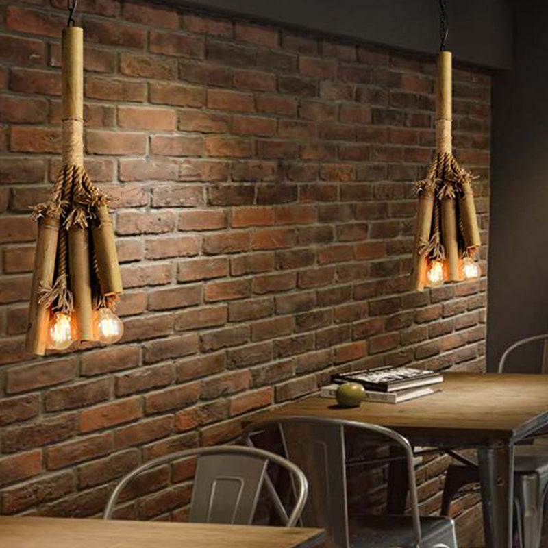 Rope Tubular Chandelier Lamp Warehouse 3 Heads Restaurant Bamboo Pendant Lighting Fixture in Brown with Open Bulb Design